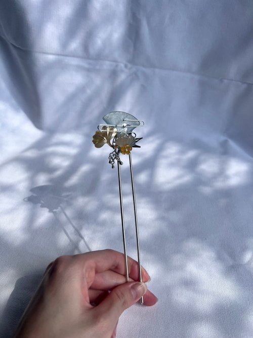 阿支的寶石森林 海藍寶金屬編織 髮簪 涇秋 森系飾品 天然石 礦石 銅鍍S925銀
