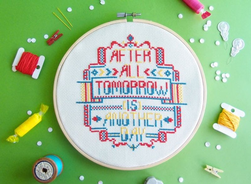 Funny Quote Cross stitch KIT - After All. Tomorrow is Another Day - Knitting, Embroidery, Felted Wool & Sewing - Thread Red
