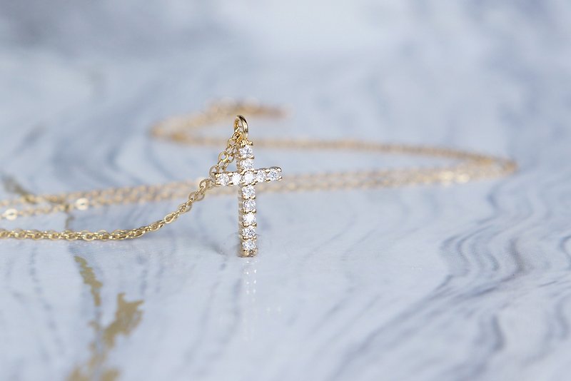 [14KGF] Dainty CZ Cross Necklace - Necklaces - Glass Gold