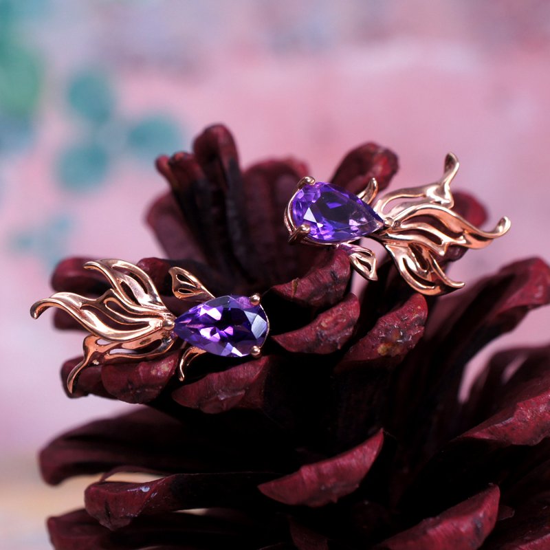 LITTLE GOLD FISH - Amethyst 18K Rose Gold Plated Silver Earring Stud - Earrings & Clip-ons - Gemstone Purple