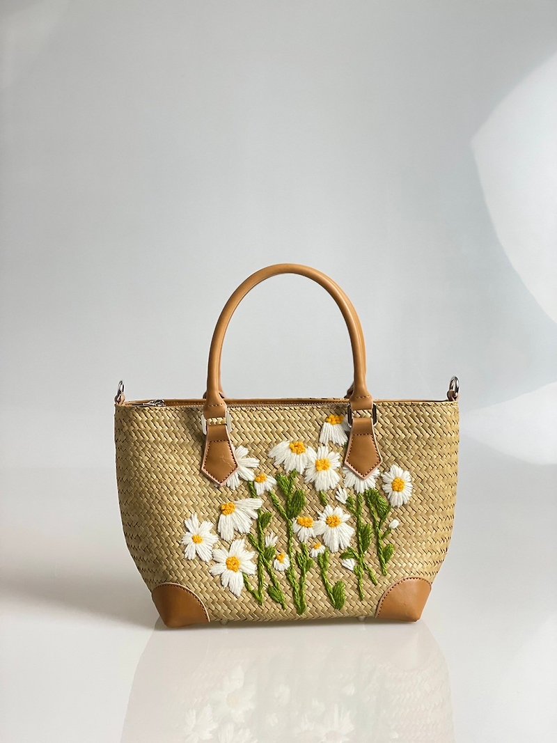 Krajood bag, leather strap, embroidered flower lover - Handbags & Totes - Plants & Flowers Brown