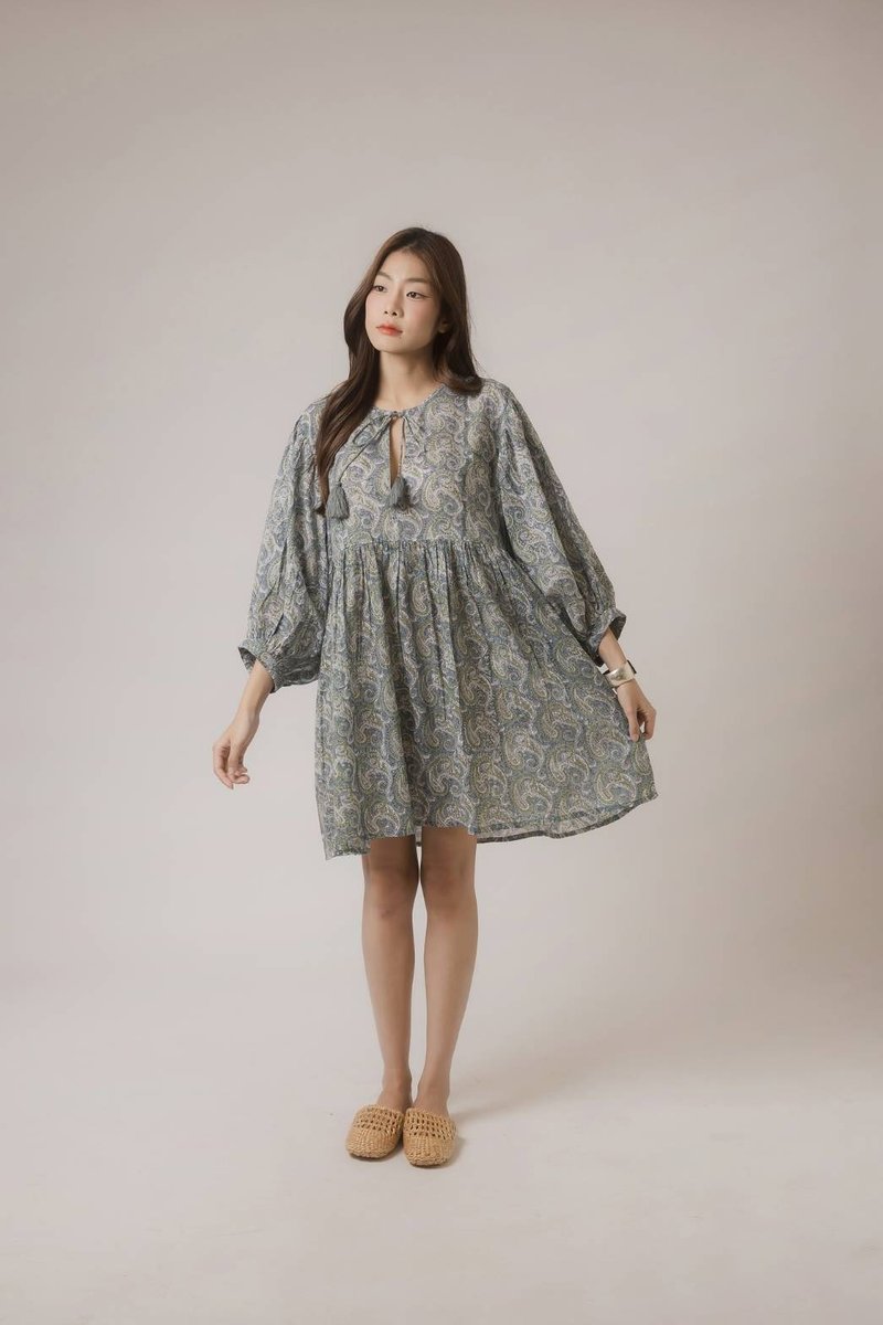 Bella Mini Dress Voile cotton fabric with a hand-block floral print - 洋裝/連身裙 - 棉．麻 