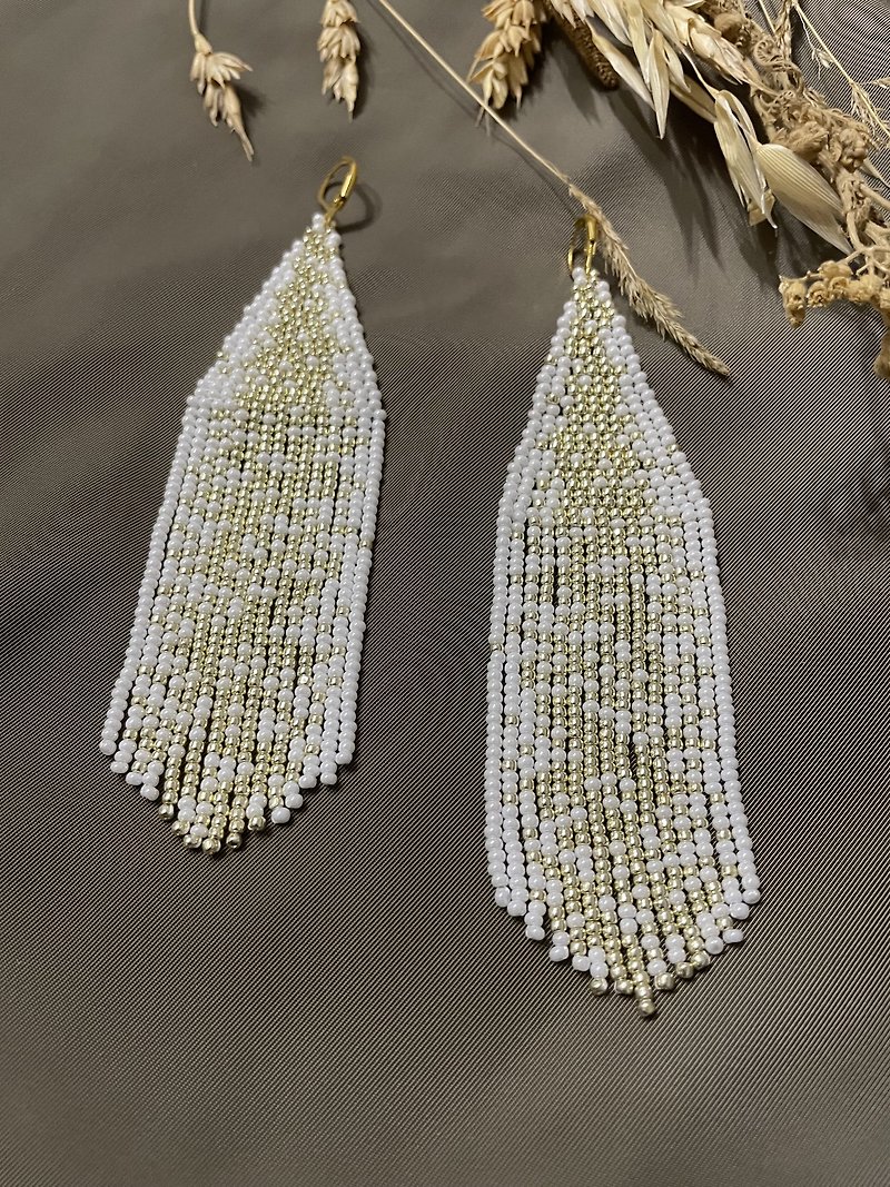 Long White Beaded Earrings, Gold Earrings, Simple Earrings, Every day earrings - Earrings & Clip-ons - Other Materials White