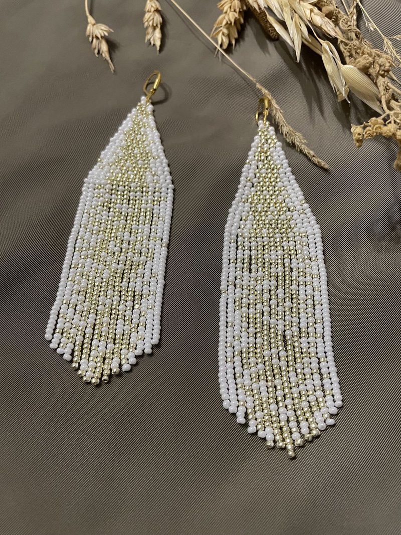 Long White Beaded Earrings, Gold Earrings, Simple Earrings, Every day earrings - Earrings & Clip-ons - Other Materials White