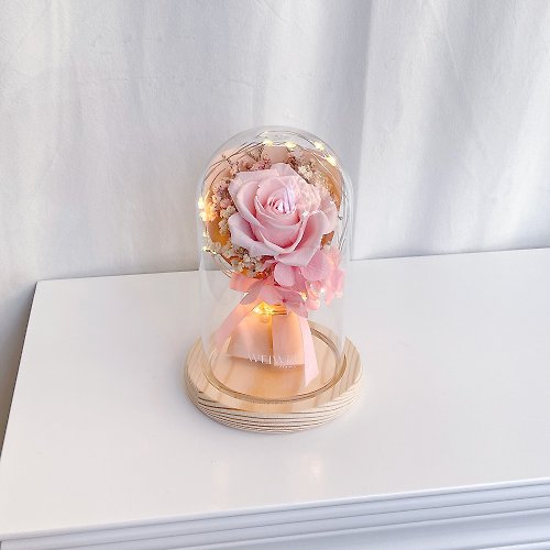 WEIWEI FLOWER 威威花藝設計 母親節禮盒/客製化禮物 LED玫瑰小花束永生花玻璃鐘罩-櫻花粉