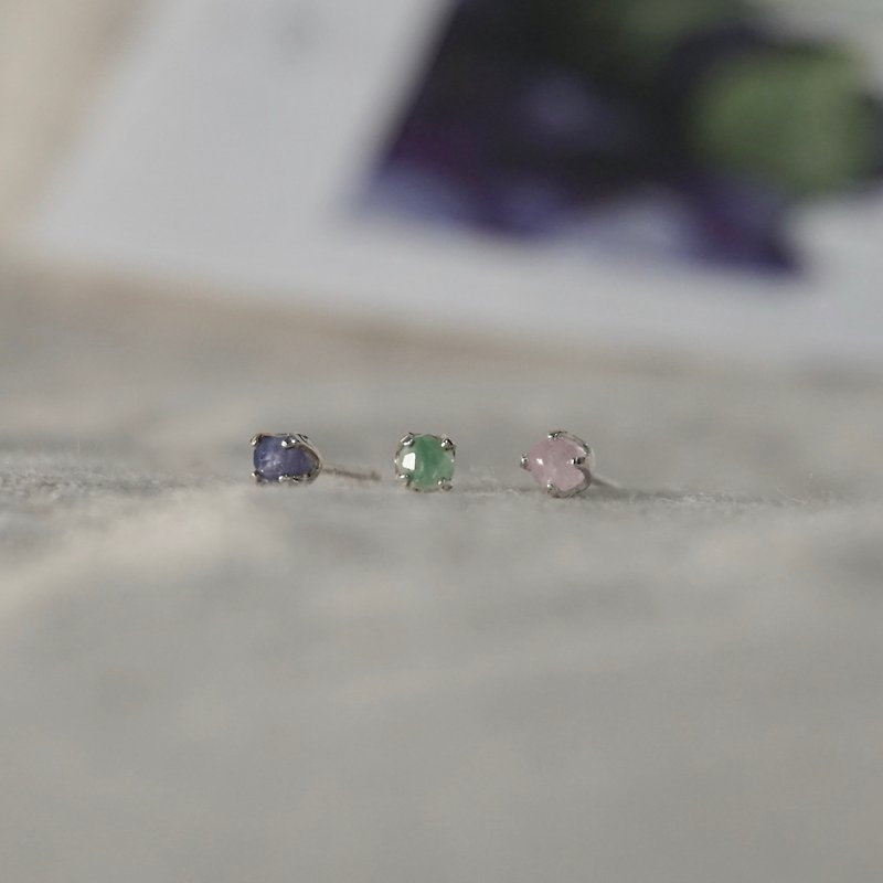 ll Three Color Earrings - Flower Season ll 3mm Kunzite Stone Emerald Earrings - Earrings & Clip-ons - Sterling Silver Multicolor