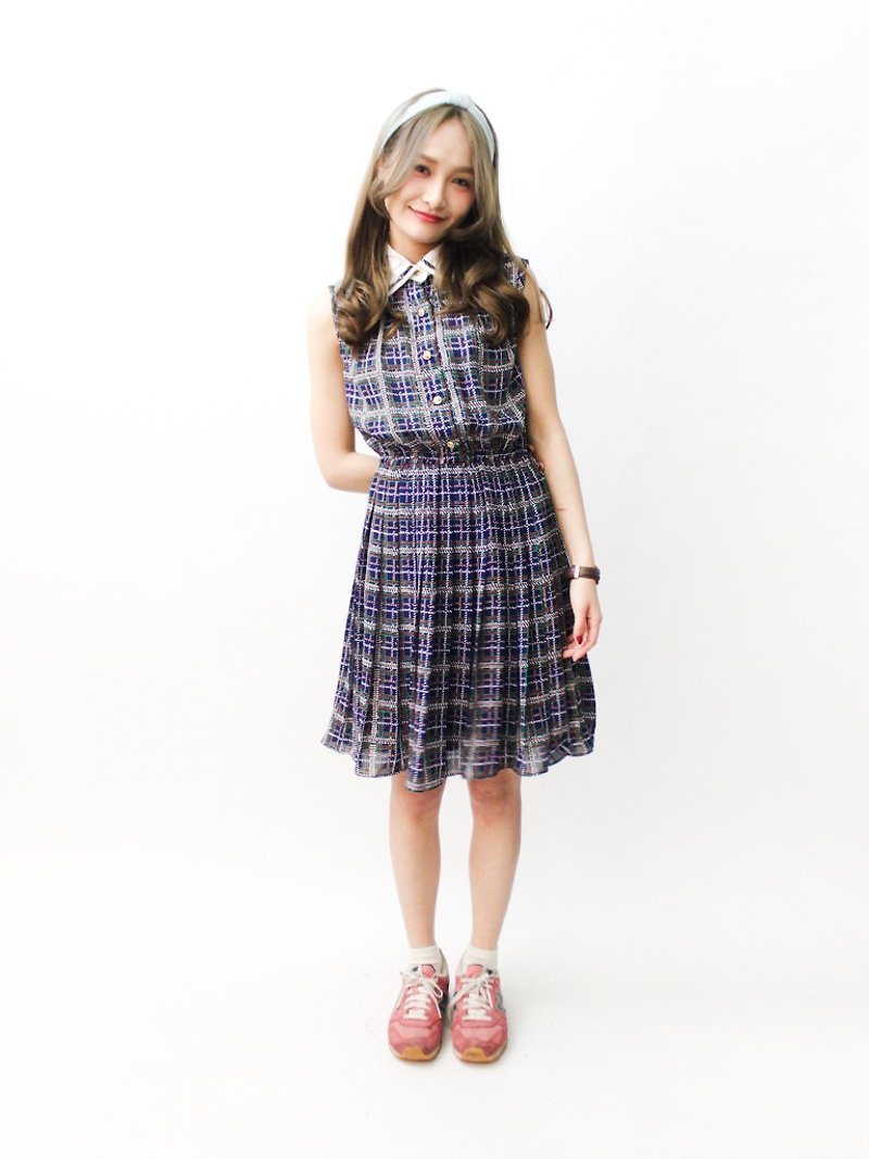 [RE0322D1064] simple dark blue checkered stitching Slim sleeveless dress spring and summer vintage - One Piece Dresses - Polyester Blue
