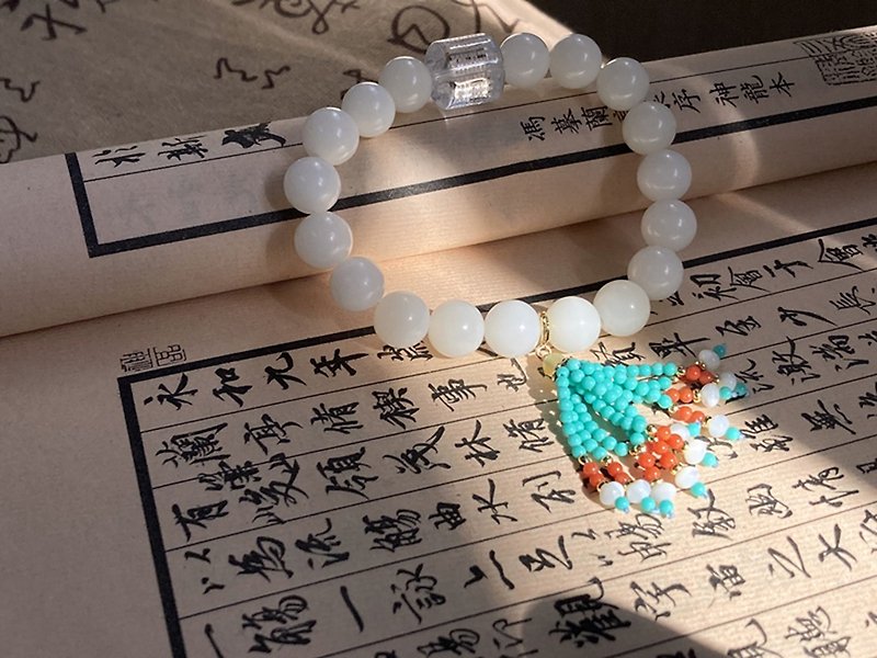 【Heart Meridian Eighteen Seeds. 18 beads] white jade bodhi, white crystal | 18 seeds, 18 beads - Bracelets - Other Materials White