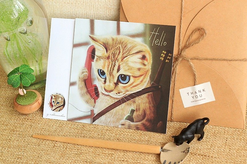 Hello - Cat Vintage Postcard - การ์ด/โปสการ์ด - กระดาษ สีนำ้ตาล