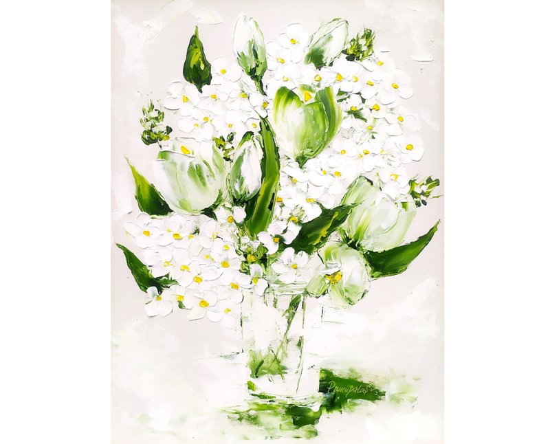 Abstract Floral Painting White Hydrangea in Vase 16 x 12 - 壁貼/牆壁裝飾 - 其他材質 白色