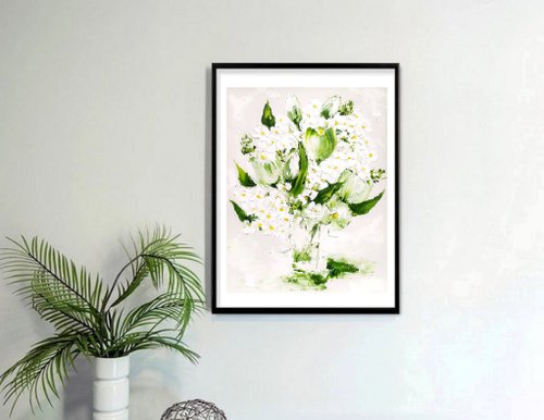 抽象花画 花瓶に白い紫陽花 16 x 12 - ショップ ArtSvitlana