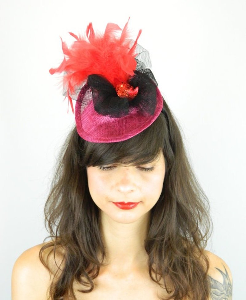 Pillbox Hat Headpiece Cocktail Hat with Peacock Bird in Red Feathers and Glitter - Hats & Caps - Other Materials Pink