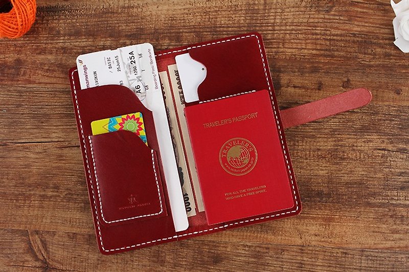 【切線派】日式純手工便攜式牛皮護照長款錢包008款Leather Passport Case 酒紅色 - 長短皮夾/錢包 - 紙 紅色