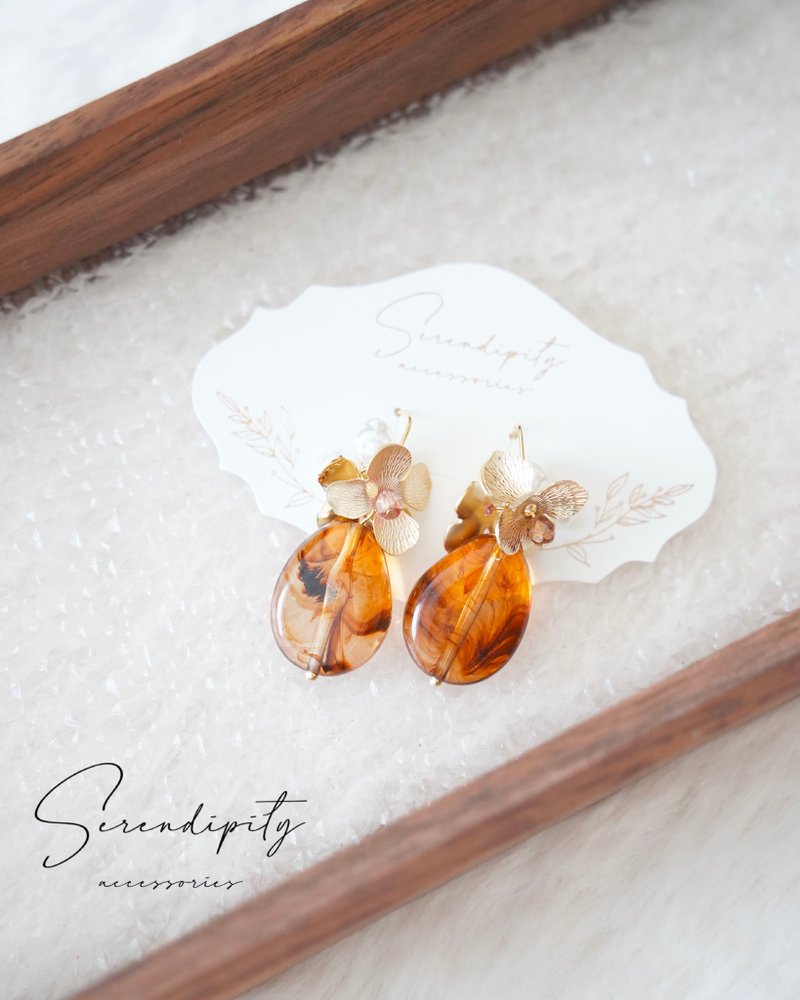 Marble Germany Beads Earrings - Amber - Earrings & Clip-ons - Other Metals Brown