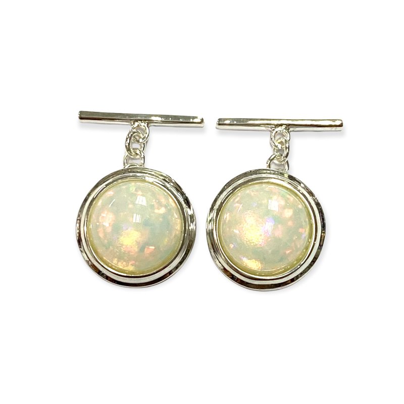 Round White Fire Opal Wedding Cufflinks For Groom 925 Sterling Silver - 袖扣 - 純銀 白色