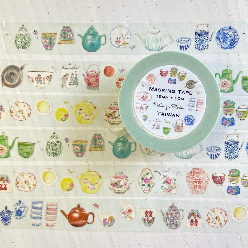 Tea pots and cups washi tape - 紙膠帶 - 紙 多色