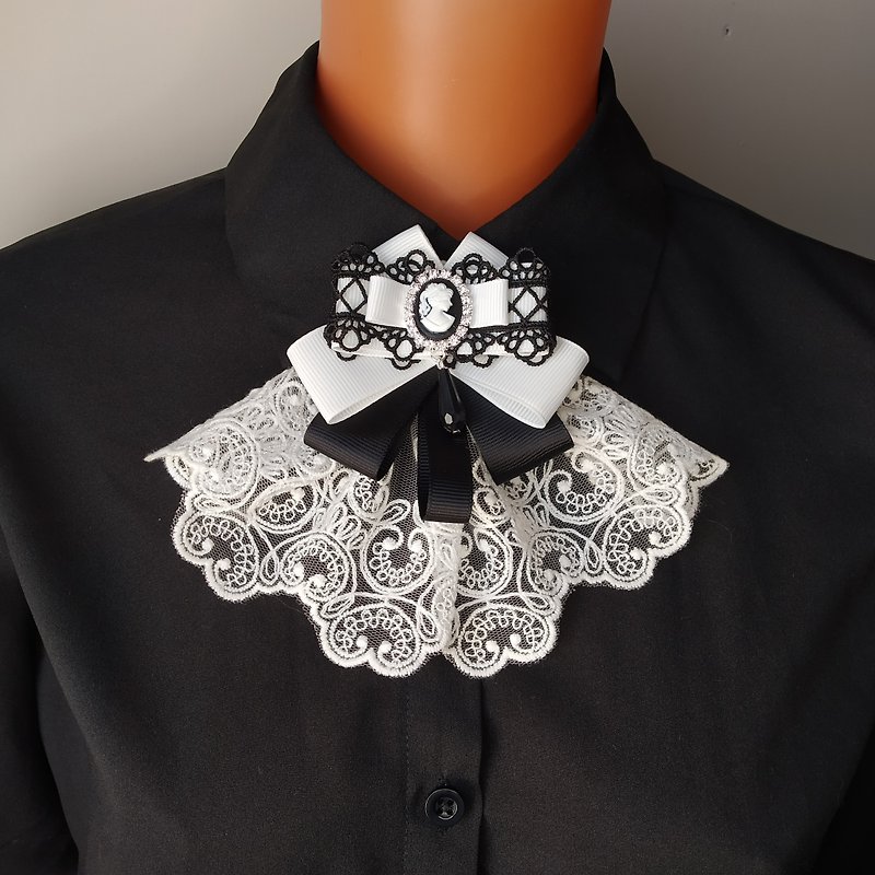 Goth neck brooch black white Bow tie brooch with cameo for women - Brooches - Polyester Black