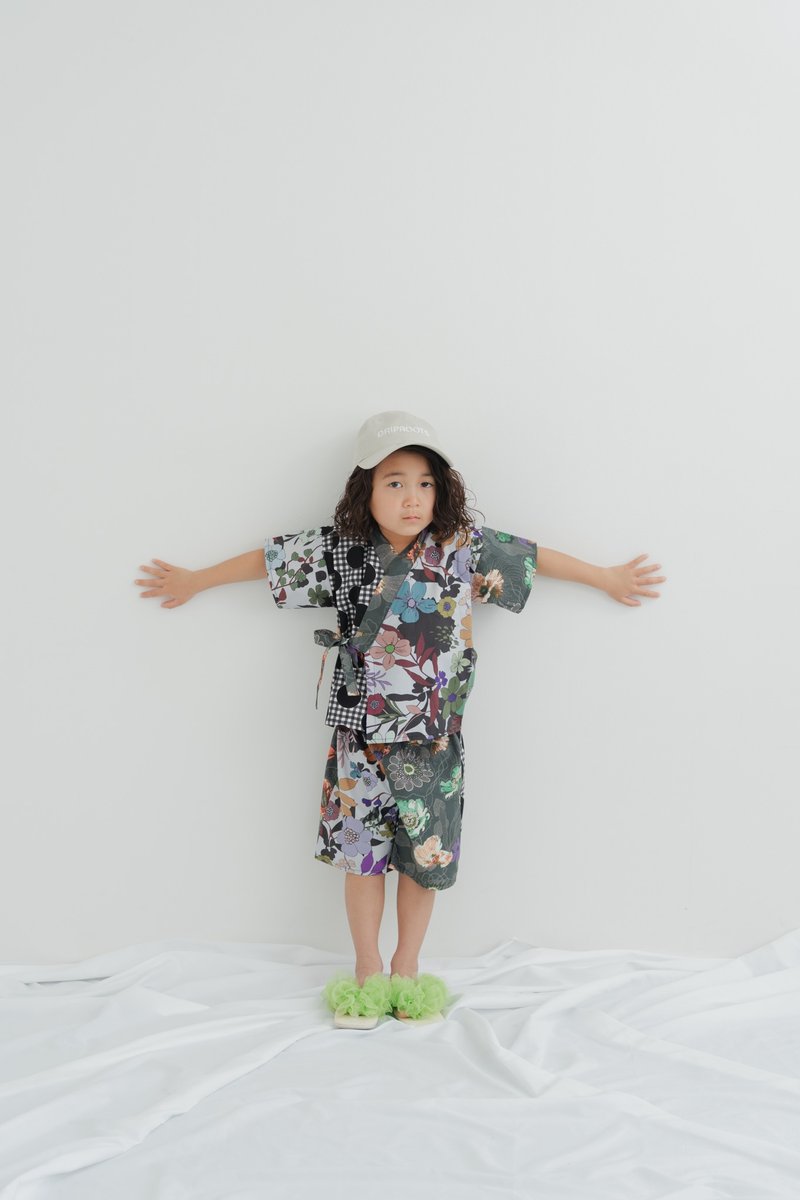 Jinbei  grey flower - 男/女童禮服 - 棉．麻 灰色