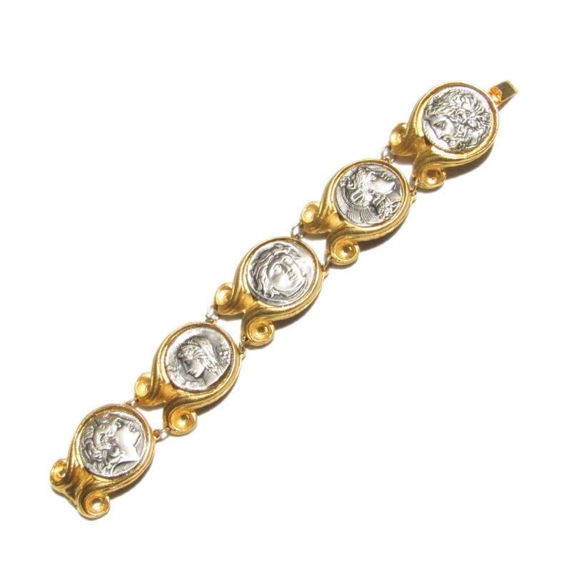 Vintage silver tone Greece coin motif design bracelet - 手鍊/手環 - 其他金屬 金色
