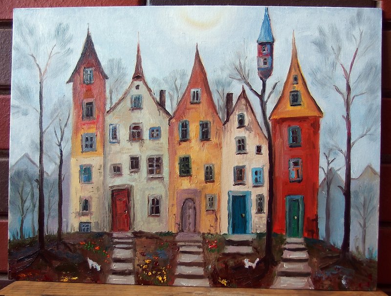 Oil painting - old colorful city houses, street, cityscape - original handmade - ตกแต่งผนัง - วัสดุอื่นๆ สีเทา