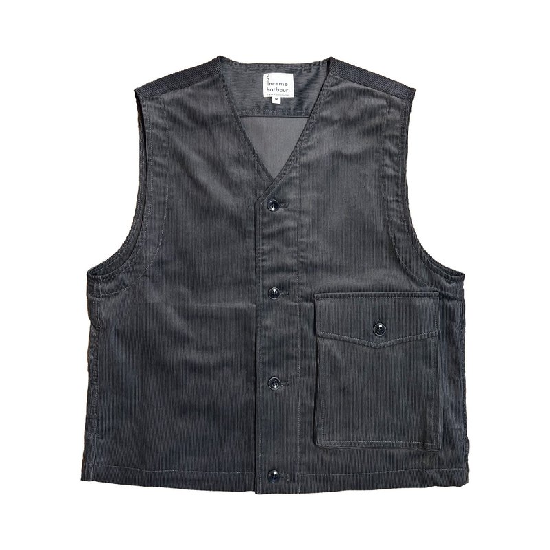 Incense Harbour Corduroy Jerkin Vest - Charcoal - เสื้อกั๊กผู้ชาย - ผ้าฝ้าย/ผ้าลินิน สีเทา