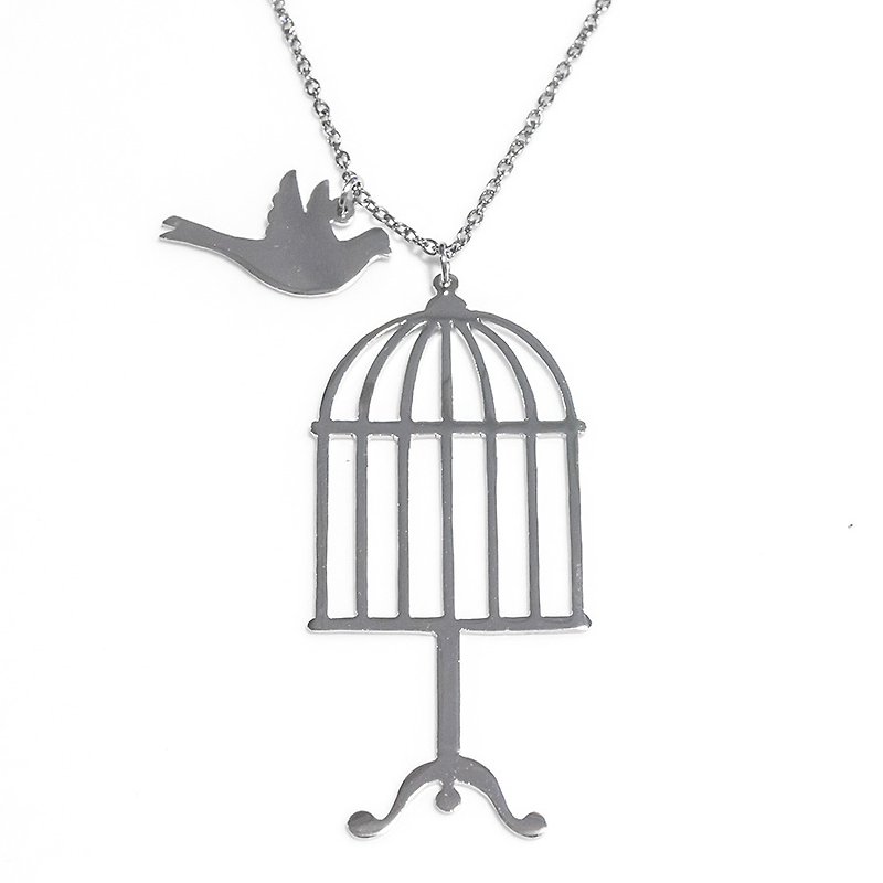 Bird cage with small bird pendant - สร้อยคอ - โลหะ สีเงิน