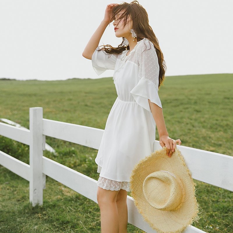 [Summer dress specials] Anne Chen new art women's ruffled sleeves waist dress dress YMX8287 - One Piece Dresses - Polyester White