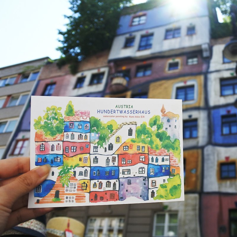 Rami歐洲旅行水彩手繪風明信片-奧地利維也納百水公寓 - 卡片/明信片 - 紙 多色