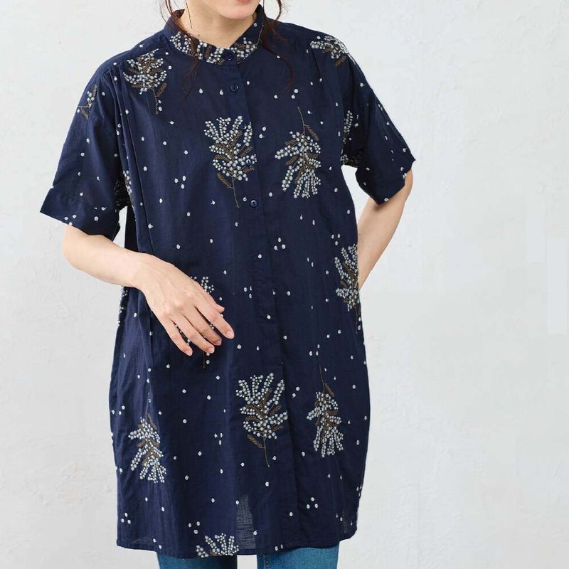 日本【SHONAGON】印度棉刺繡長版開襟襯衫 - 女襯衫 - 棉．麻 藍色