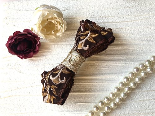 flor-accessory バレッタ リボン 刺繍 ブラウン フラワー