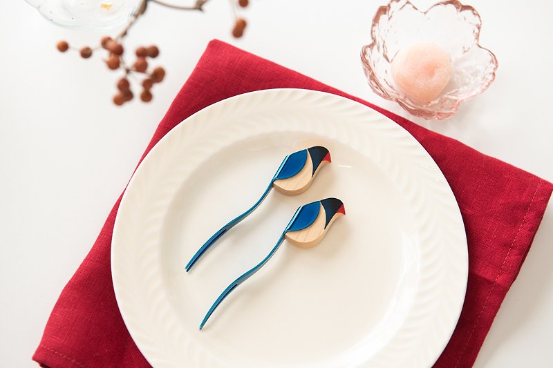 Native Taiwanese Bird Forks / Taiwan Blue Magpie - Cutlery & Flatware - Wood Blue
