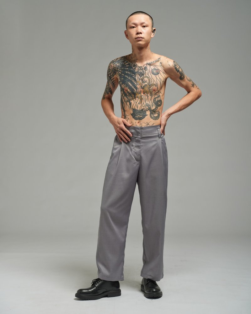 Unisex: Pleated Waist Pants (Grey) - 男長褲/休閒褲 - 聚酯纖維 灰色