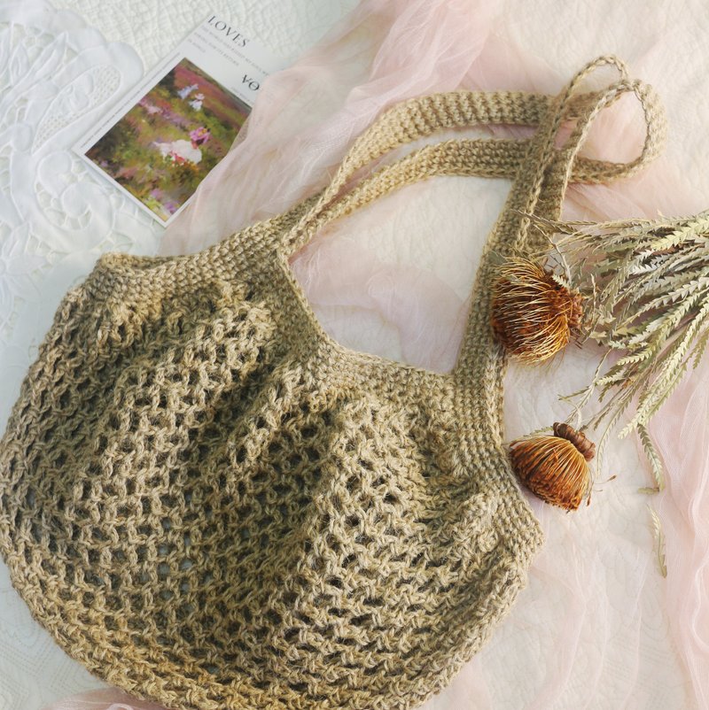 【現貨】Handmade手工編織/黃麻繩編織網袋/購物袋/麻繩包 - 手提包/手提袋 - 棉．麻 卡其色