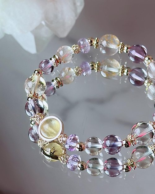 Peace & Simple 女神款紫黃絲巾手串 - 黃金雲母、黃水晶、紫黃晶、紫水晶、膠花