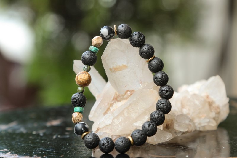 【Series of Bracelet】8.6mm Volcanic rock bracelet with Picture Jasper - ของวางตกแต่ง - เครื่องเพชรพลอย หลากหลายสี