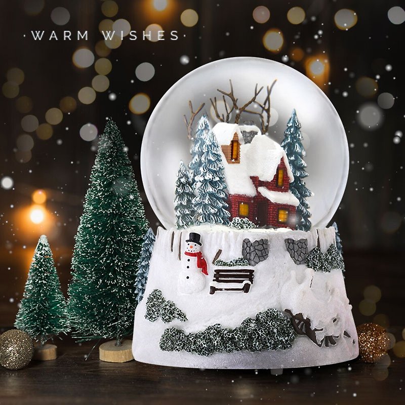 Warm cabin crystal ball music box Christmas forest Nordic snow scene Christmas exchange gift light - Items for Display - Glass 