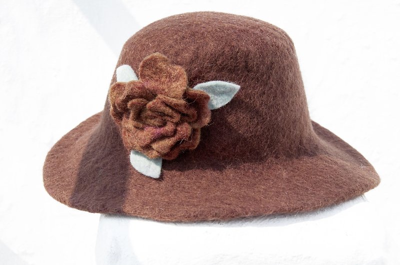 歐洲帽 針氈帽 老爺帽 遮陽帽 登山帽 電梯帽 羊毛氈帽 手工羊毛氈帽 羊毛帽 設計帽 圓頂帽 聖誕禮物 母親-咖啡花朵 - 帽子 - 羊毛 咖啡色