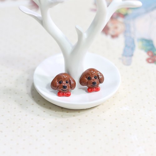Cat Brothers Brown Toy Poodle dog Earrings with red ribbon, Dog Stud Earrings