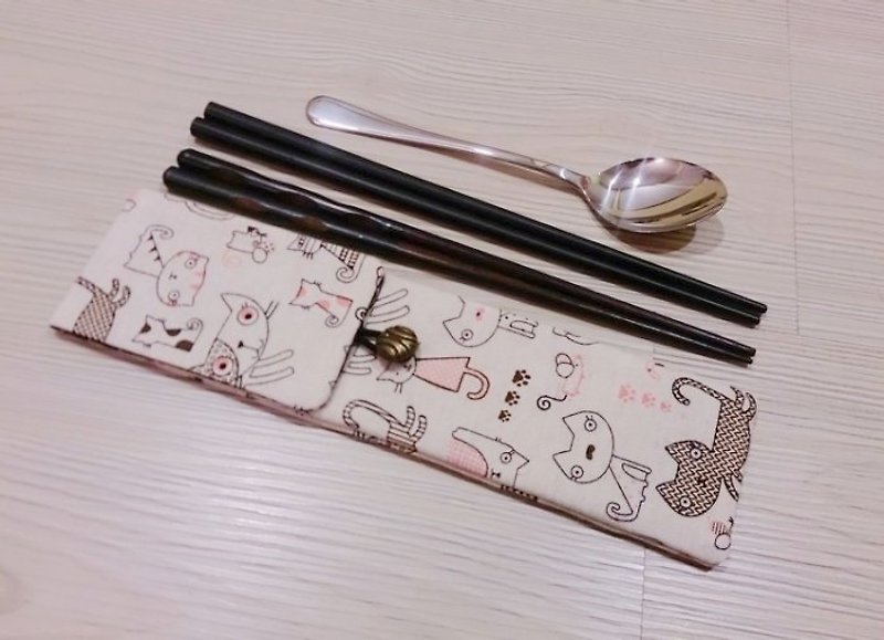 環保餐具收納袋 筷子袋 組合筷專用 雙層筷袋  貓咪款 - 刀/叉/湯匙/餐具組 - 棉．麻 多色