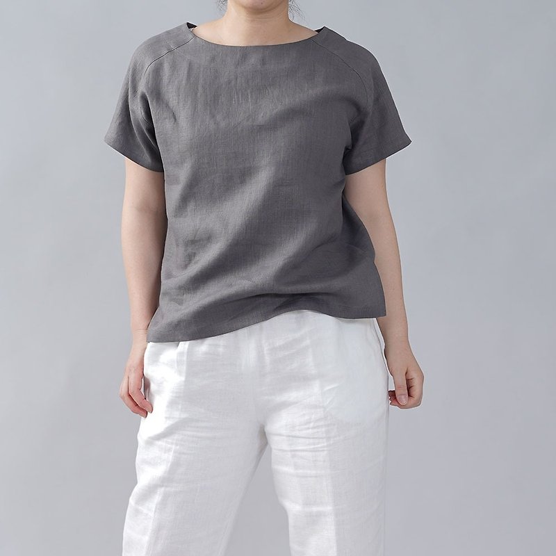wafu - 亞麻T恤 Lightweight Linen Raglan T-shirt Unisex / Iron t038f-nib1 - เสื้อผู้หญิง - ลินิน สีเทา