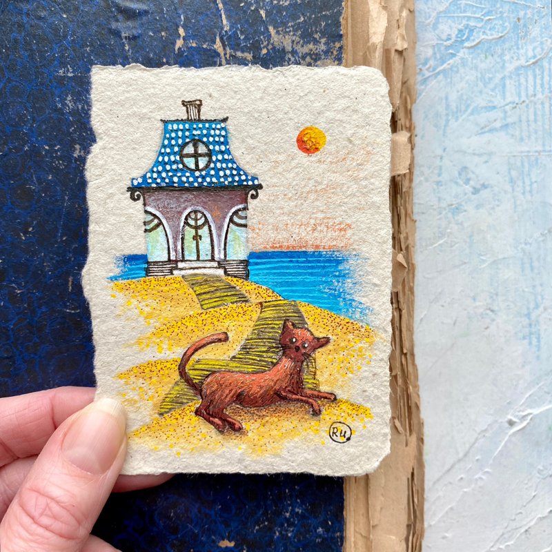 Funky cat painting Tiny Original art Small artwork on recycled paper by Rubinova - 海報/掛畫/掛布 - 紙 多色