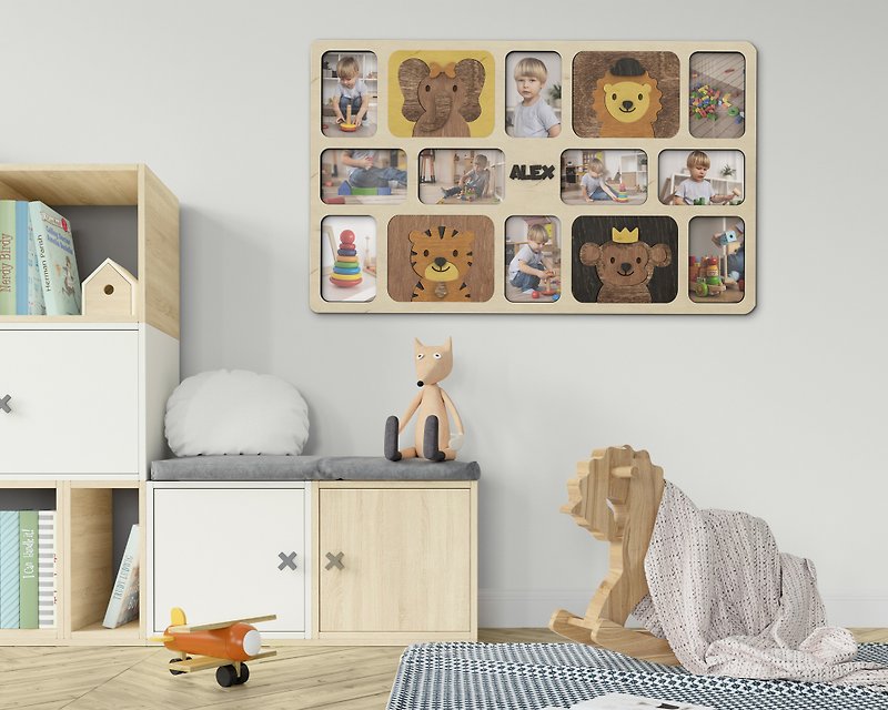 Personalized children's room wall decor with engraved animals 10 frames collage - Picture Frames - Wood Multicolor