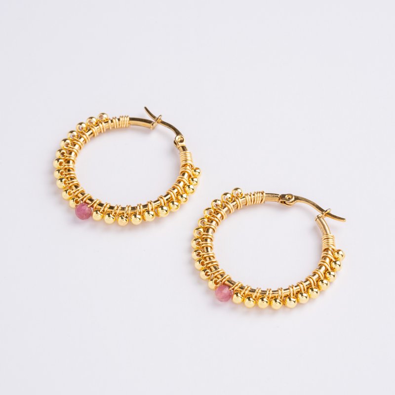 Large Zuri Earrings in Pink Tourmaline (18K Gold Plated Pink Tourmaline Hoops) - Earrings & Clip-ons - Stainless Steel Gold