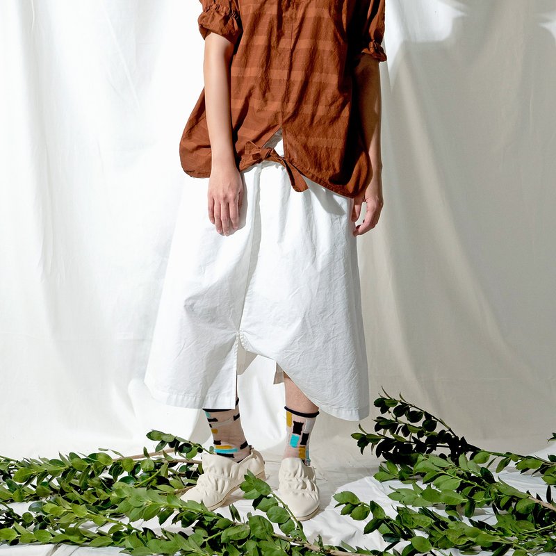 拉勾低檔內折七分寬褲裙 - 女長褲 - 棉．麻 白色