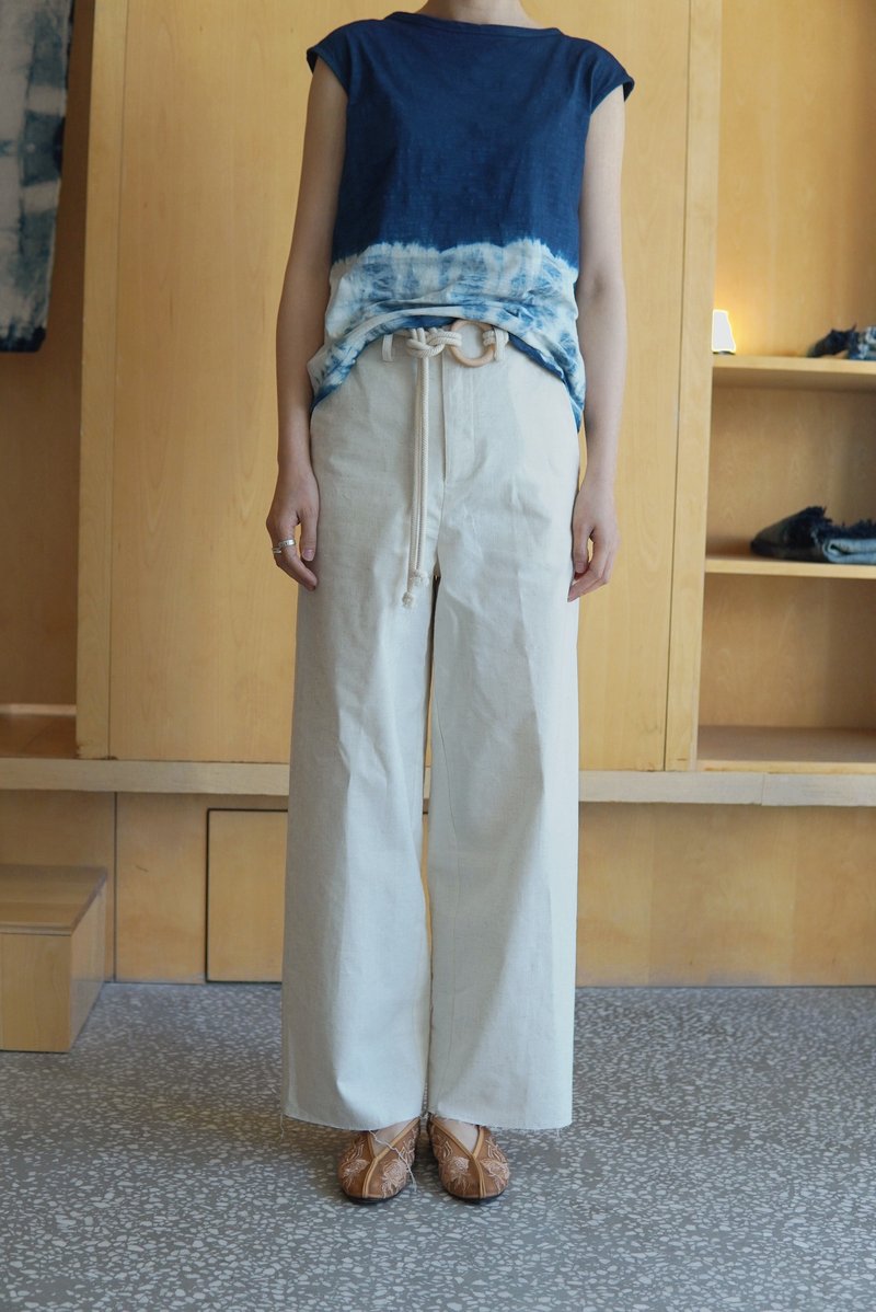 亞麻混紡水洗布料闊腿長褲附木環棉繩腰帶syd and ling闊腳褲 - 女裝闊腳褲/長褲 - 棉．麻 