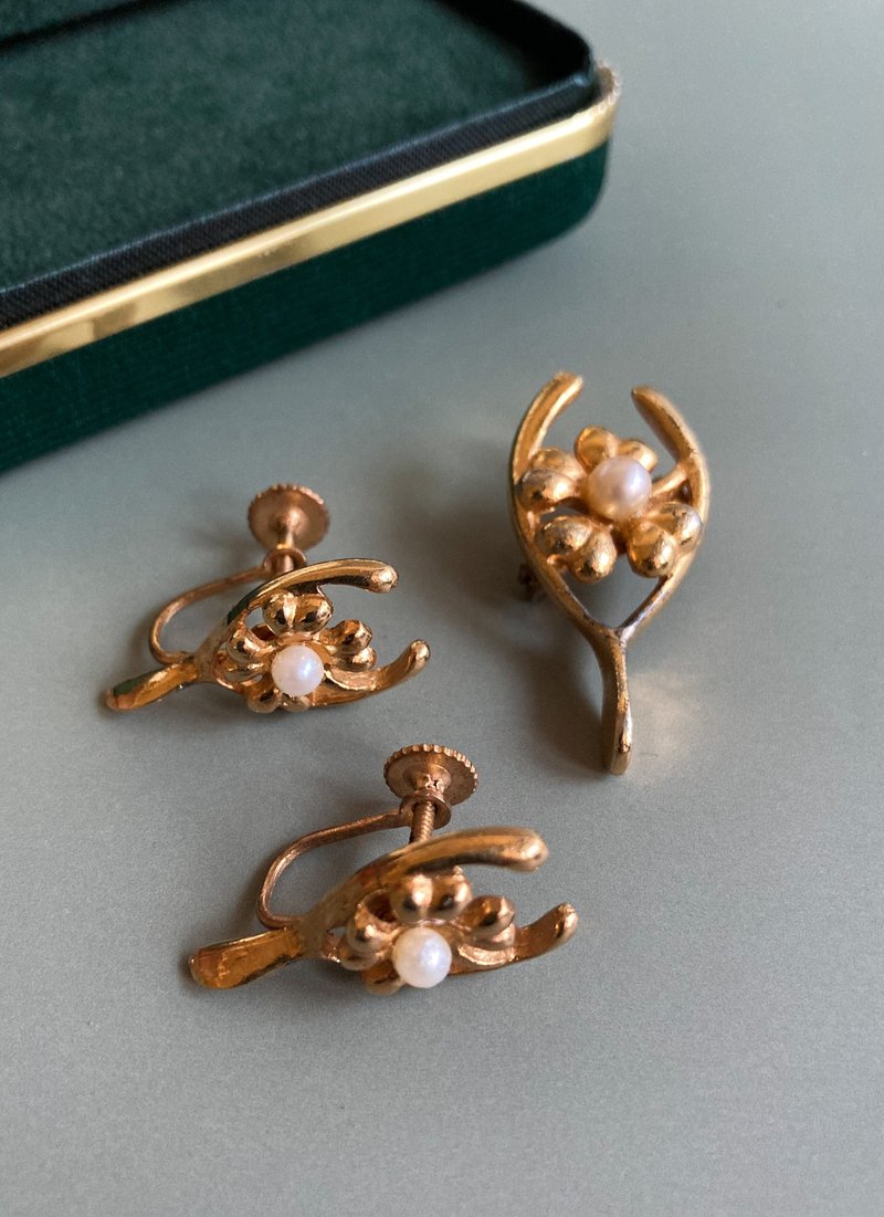 American antique lucky bone pearl Clip-On earrings pin set - ต่างหู - โลหะ 