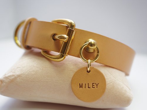 Miley’s手作頂級寵物項圈 原皮本色A級義大利植鞣皮手工項圈│客製化