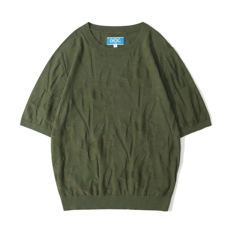 GOC Studio Crew Neck Cotton Knit Mid-Sleeve Top - Army Green Daffodil - Women's Sweaters - Cotton & Hemp Green