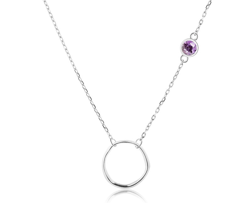 紫水晶925純銀項鍊 不對稱側鑲圓形項鍊 2月誕生石業力項鍊 - 項鍊 - 純銀 紫色