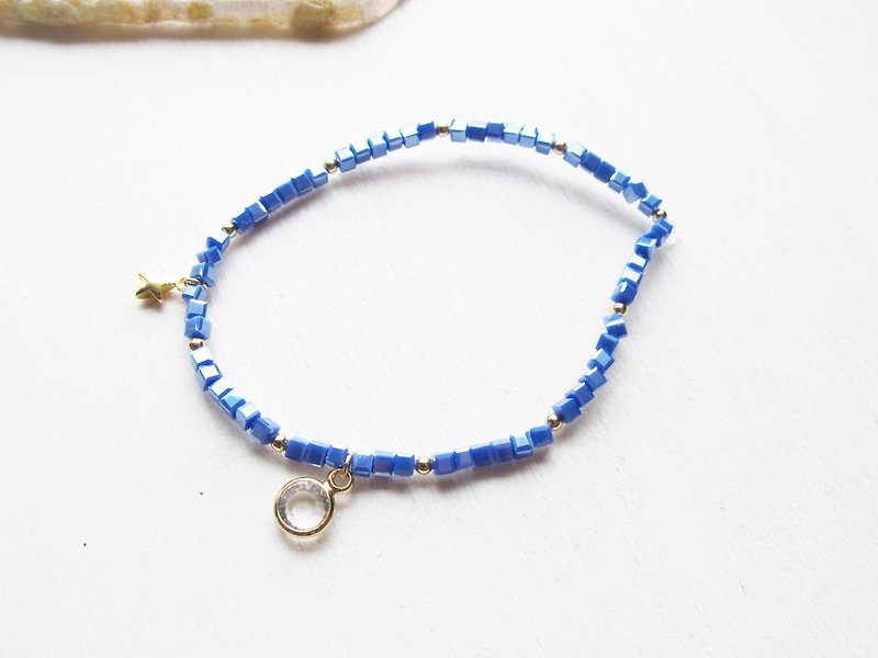 Rosy Garden 藍色波西米亞風方型水晶配小寶石串珠手鍊 手環 - 手鍊/手鐲 - 其他材質 藍色